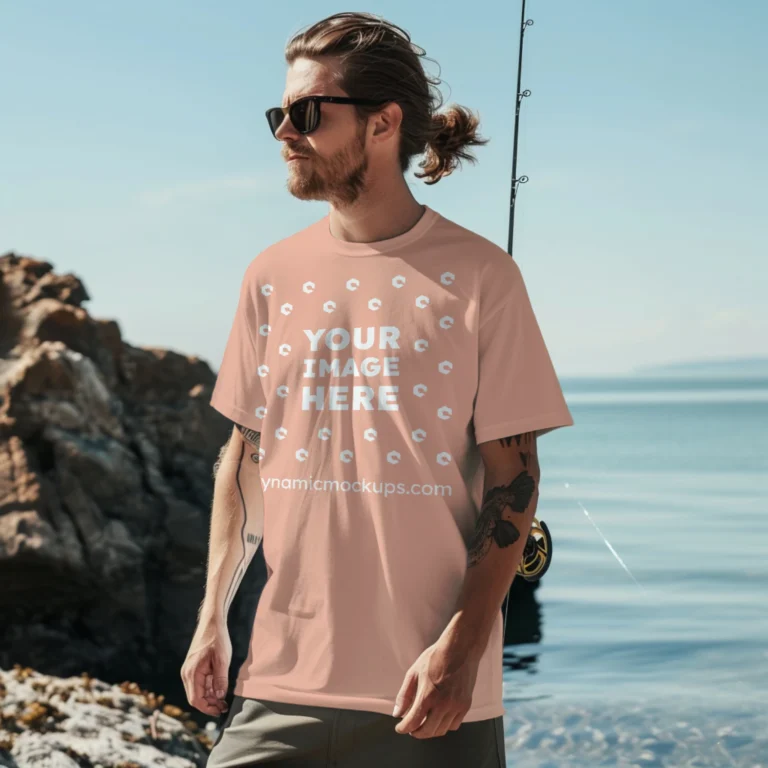 Man Wearing Peach T-shirt Mockup Front View Template