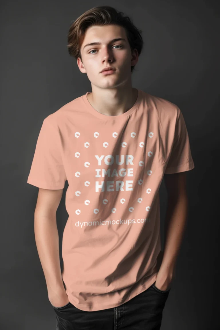 Man Wearing Peach T-shirt Mockup Front View Template