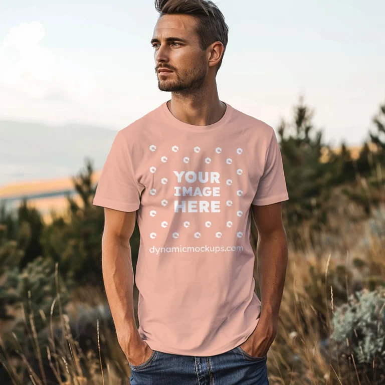 Man Wearing Peach T-shirt Mockup Front View Template