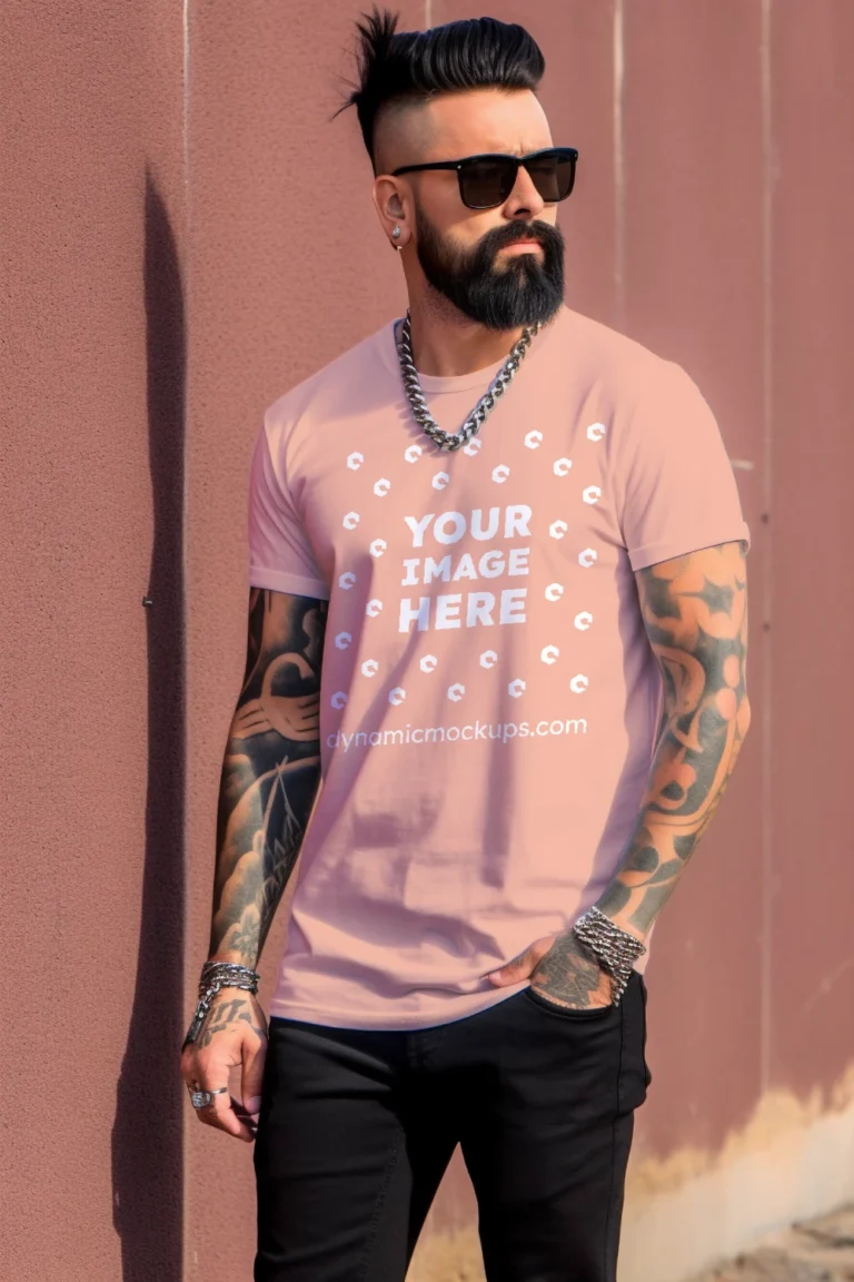 Man Wearing Peach T-shirt Mockup Front View Template