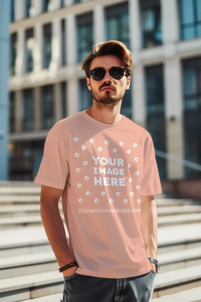 Man Wearing Peach T-shirt Mockup Front View Template