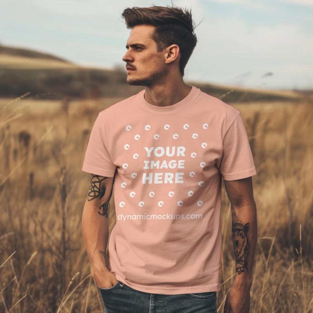 Man Wearing Peach T-shirt Mockup Front View Template