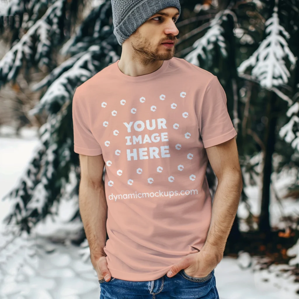 Man Wearing Peach T-shirt Mockup Front View Template