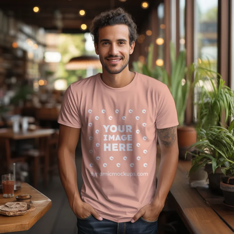 Man Wearing Peach T-shirt Mockup Front View Template