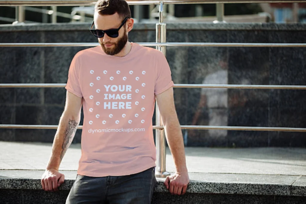 Man Wearing Peach T-shirt Mockup Front View Template