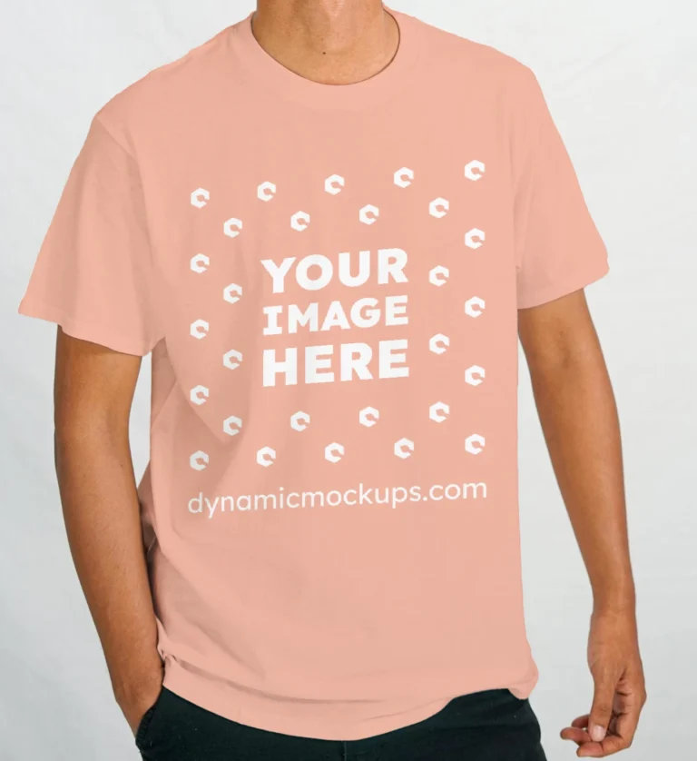 Man Wearing Peach T-shirt Mockup Front View Template