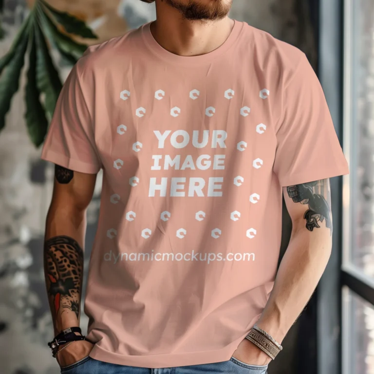 Man Wearing Peach T-shirt Mockup Front View Template