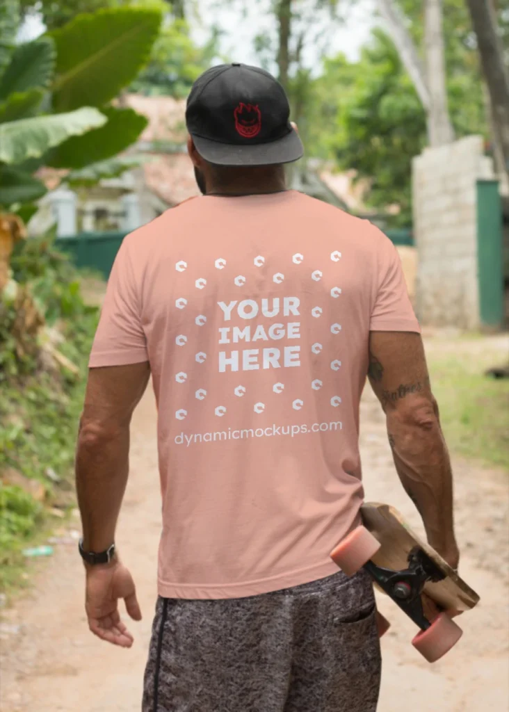 Man Wearing Peach T-shirt Mockup Back View Template