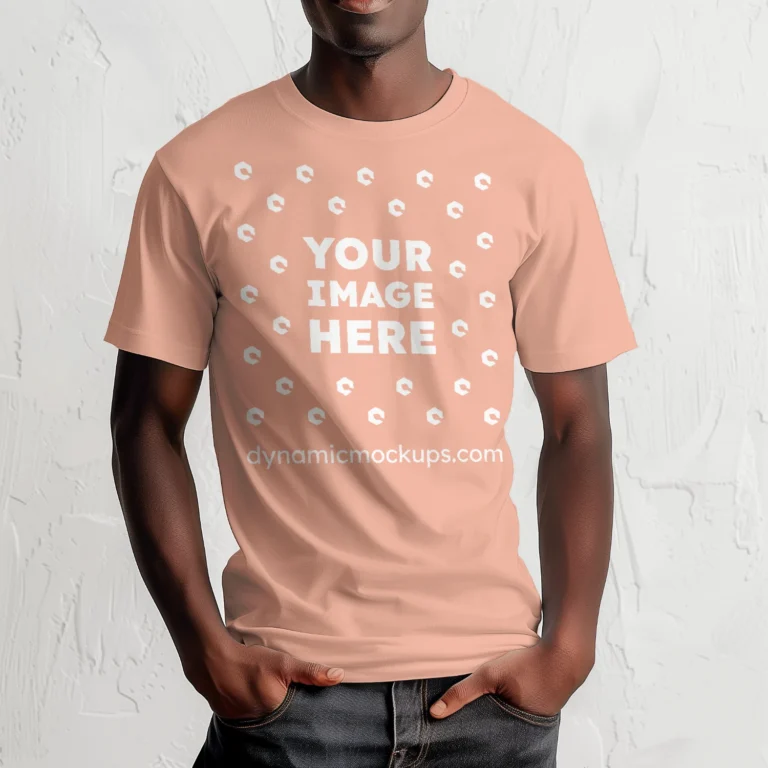 Man Wearing Peach T-shirt Mockup Front View Template