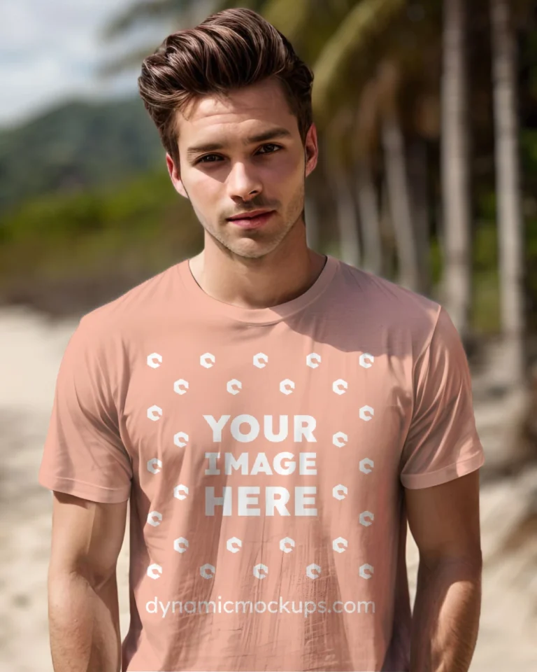 Man Wearing Peach T-shirt Mockup Front View Template