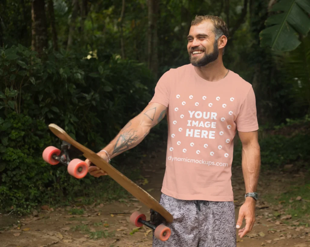 Man Wearing Peach T-shirt Mockup Front View Template