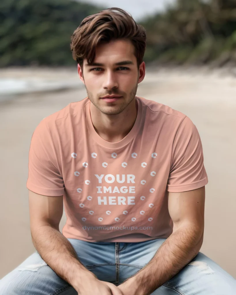 Man Wearing Peach T-shirt Mockup Front View Template