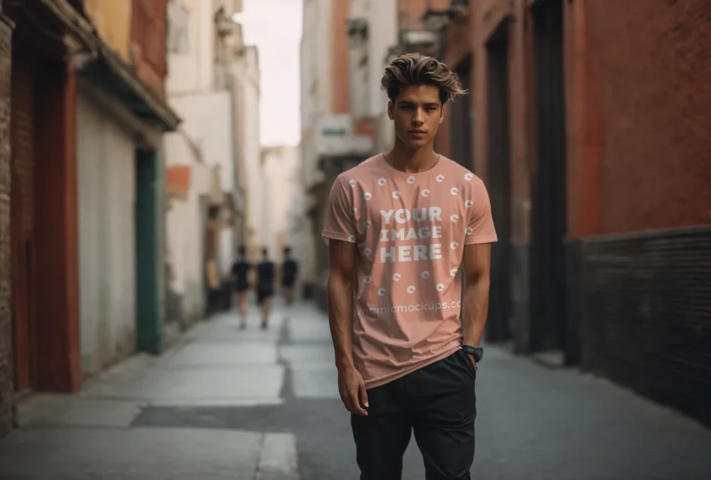 Man Wearing Peach T-shirt Mockup Front View Template