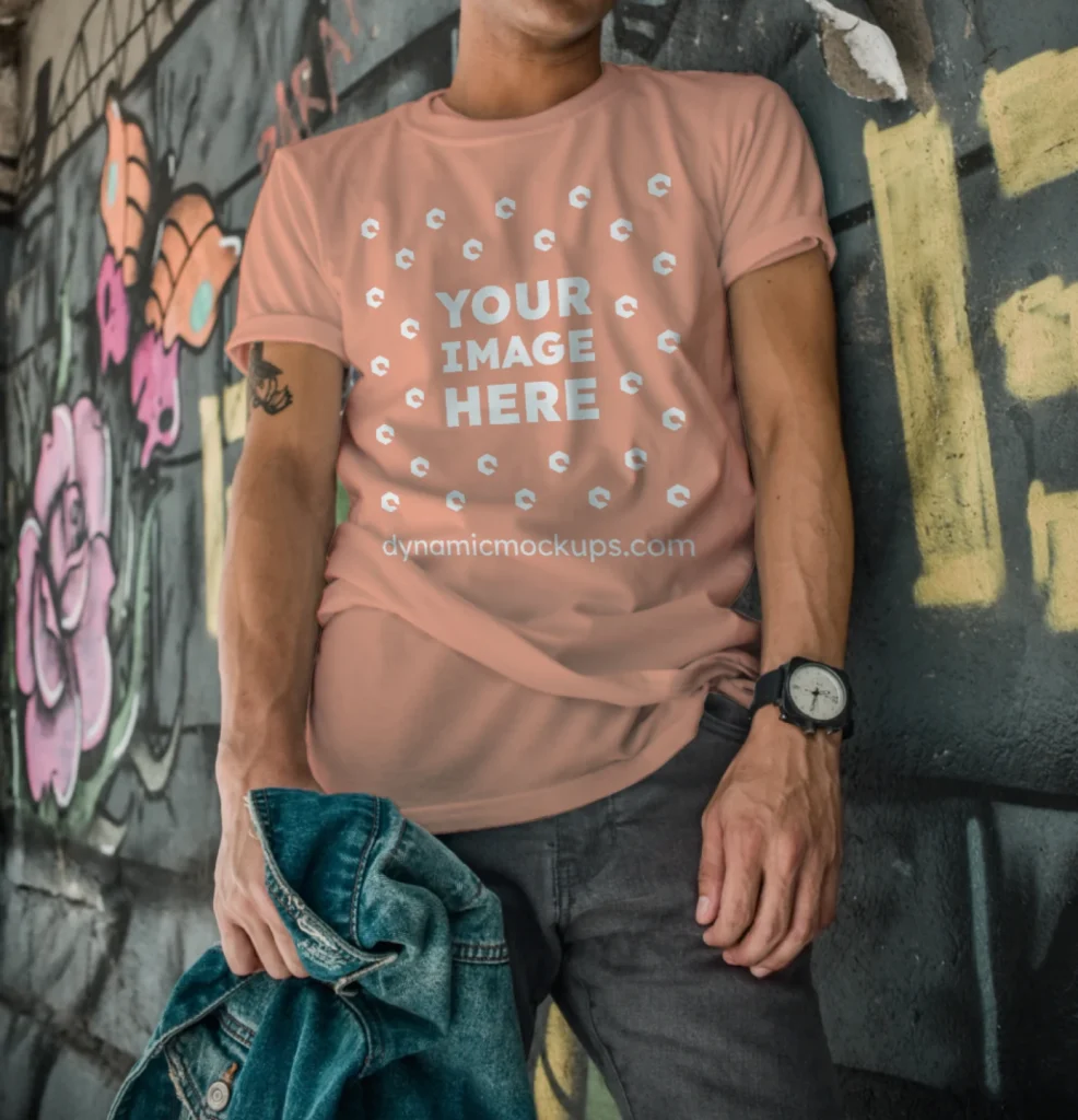 Man Wearing Peach T-shirt Mockup Front View Template