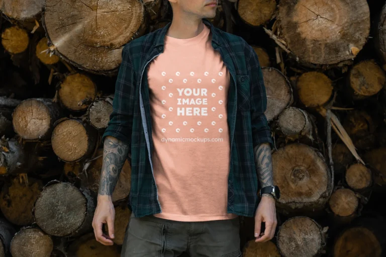 Man Wearing Peach T-shirt Mockup Front View Template