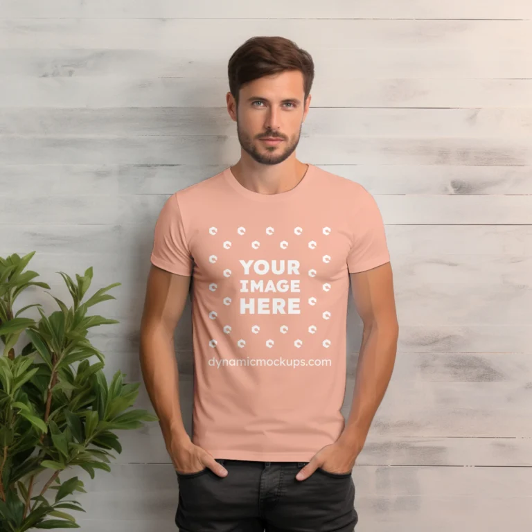 Man Wearing Peach T-shirt Mockup Front View Template