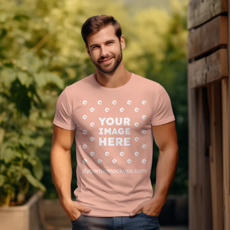 Man Wearing Peach T-shirt Mockup Front View Template