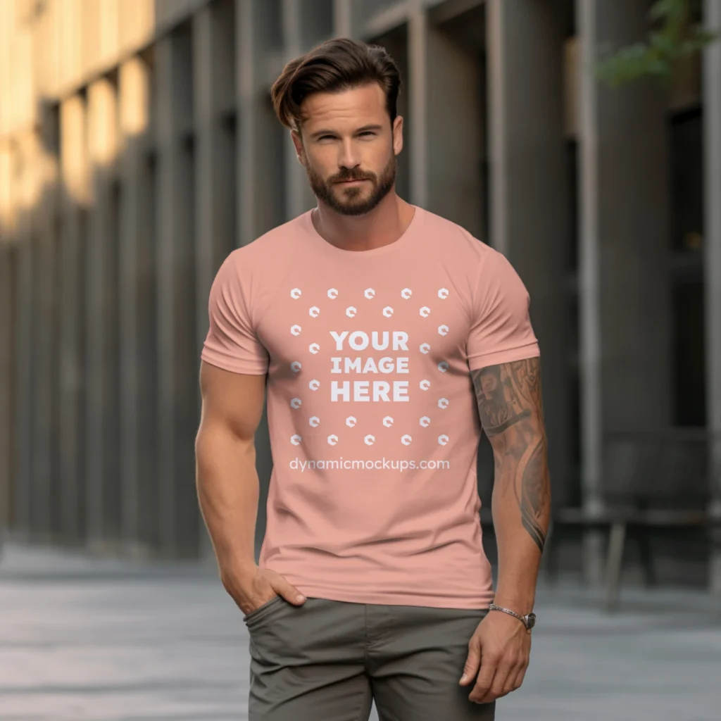 Man Wearing Peach T-shirt Mockup Front View Template