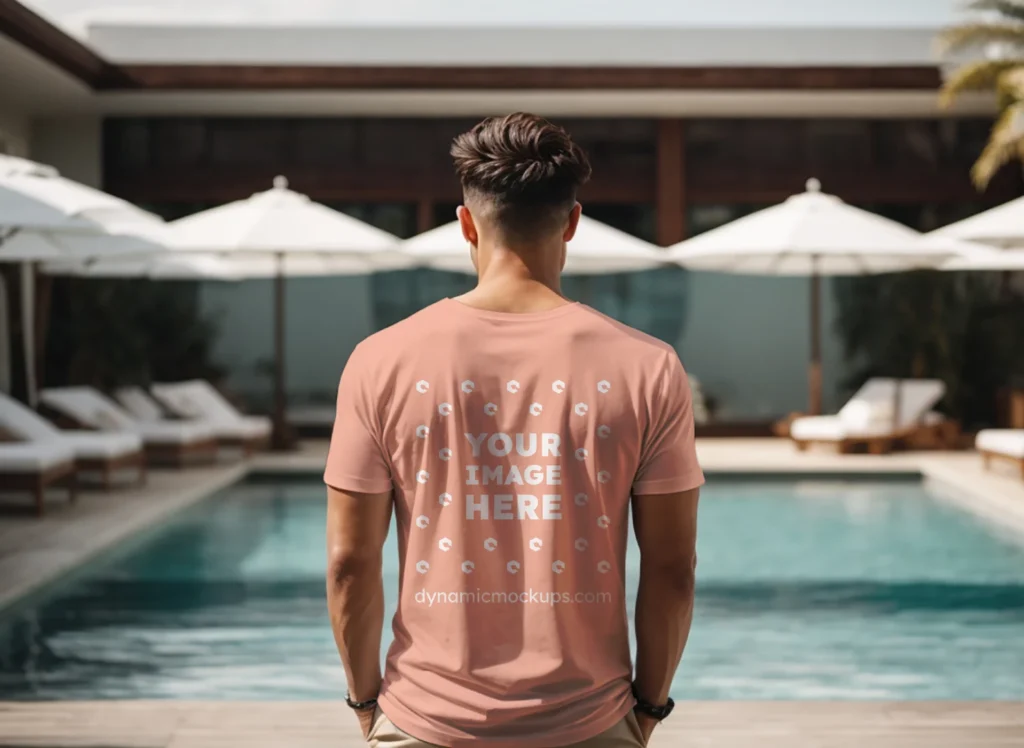 Man Wearing Peach T-shirt Mockup Back View Template