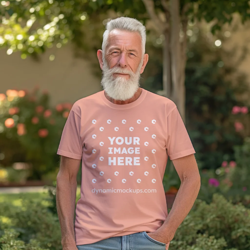 Man Wearing Peach T-shirt Mockup Front View Template