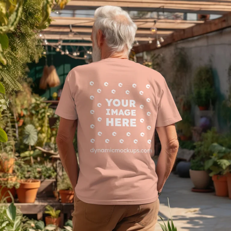 Man Wearing Peach T-shirt Mockup Back View Template