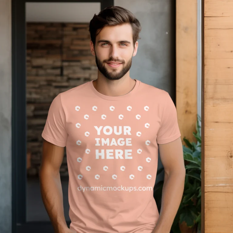 Man Wearing Peach T-shirt Mockup Front View Template