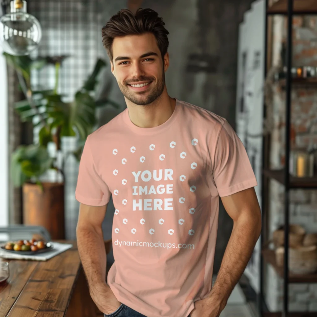 Man Wearing Peach T-shirt Mockup Front View Template