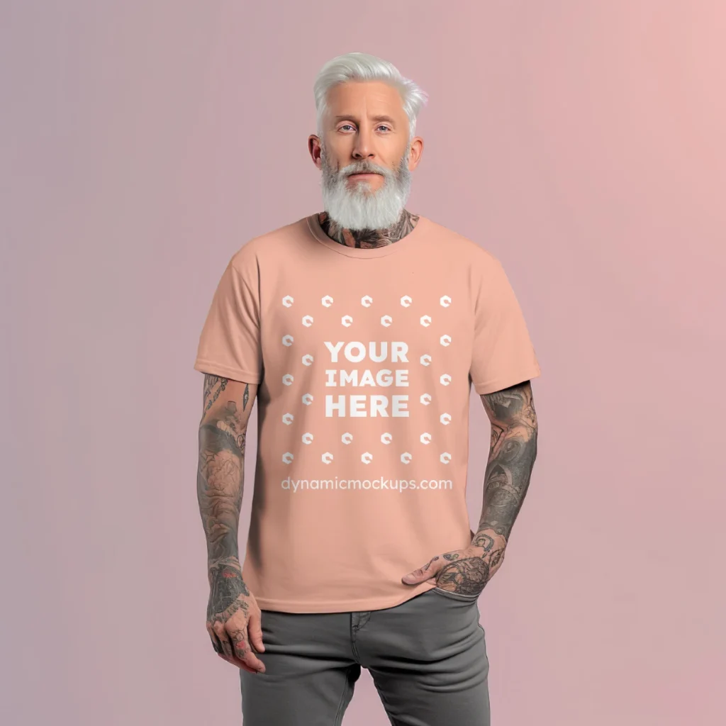 Man Wearing Peach T-shirt Mockup Front View Template