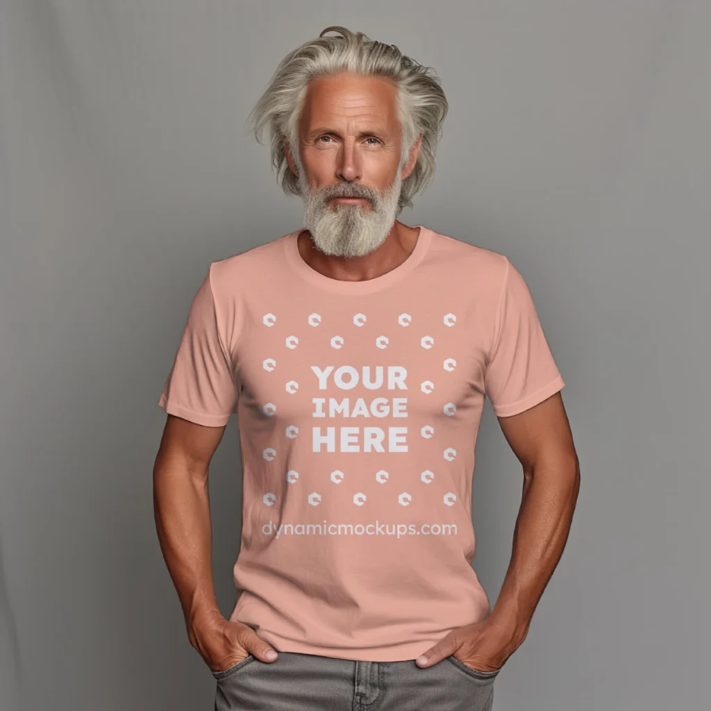 Man Wearing Peach T-shirt Mockup Front View Template