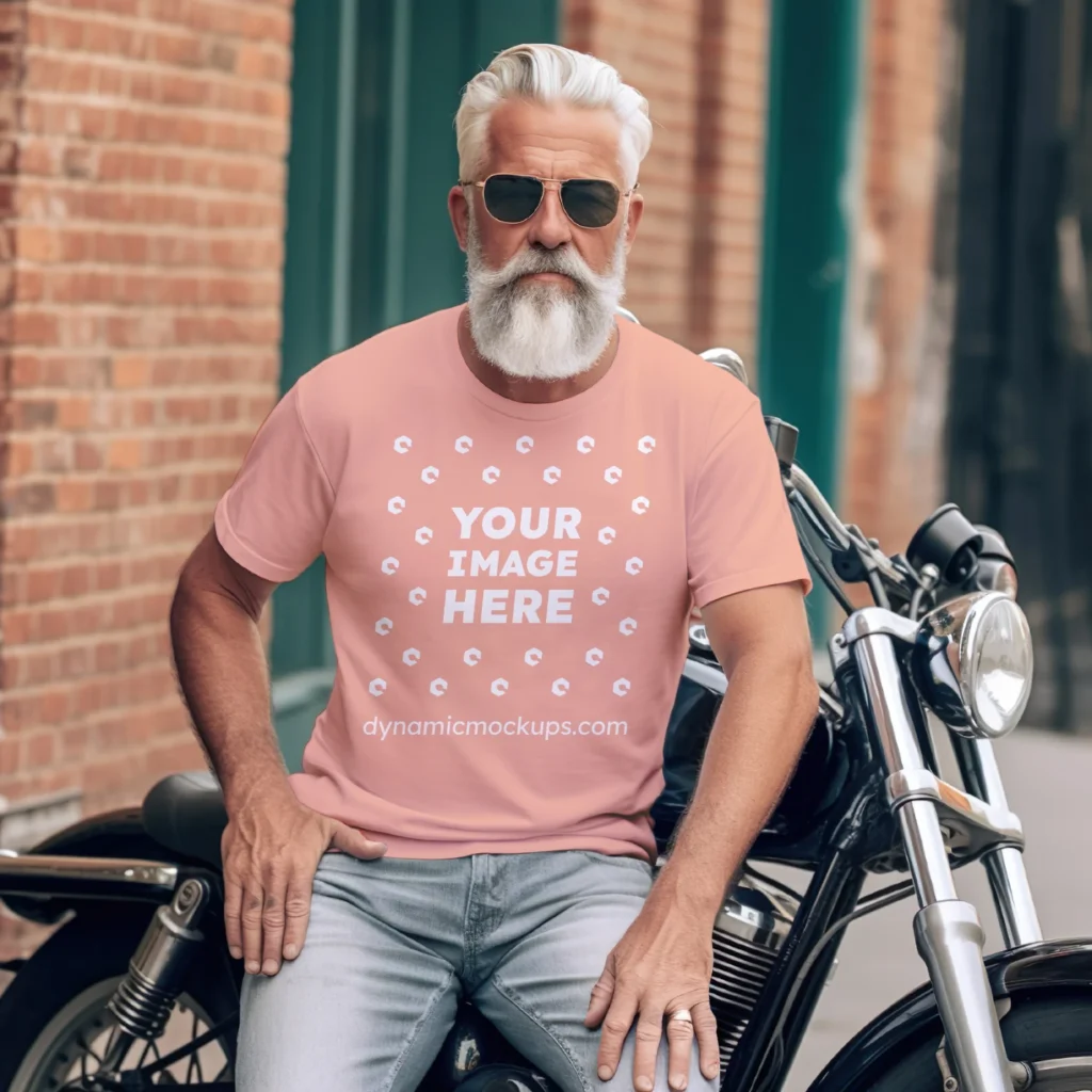 Man Wearing Peach T-shirt Mockup Front View Template