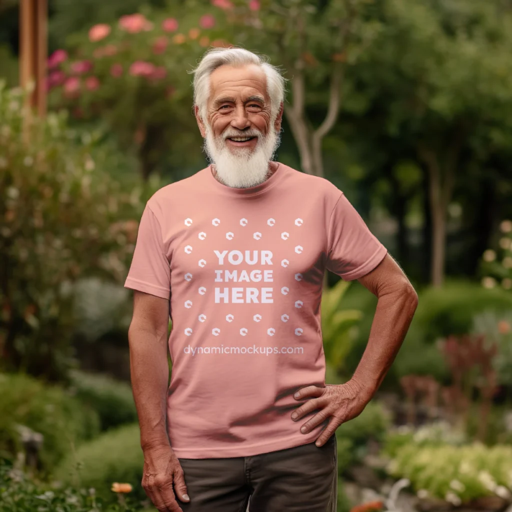 Man Wearing Peach T-shirt Mockup Front View Template