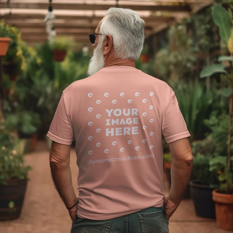 Man Wearing Peach T-shirt Mockup Back View Template