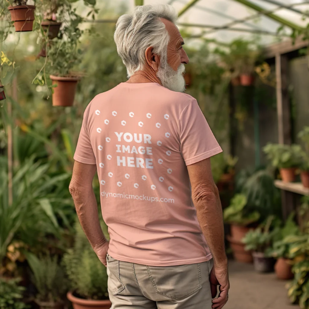 Man Wearing Peach T-shirt Mockup Back View Template