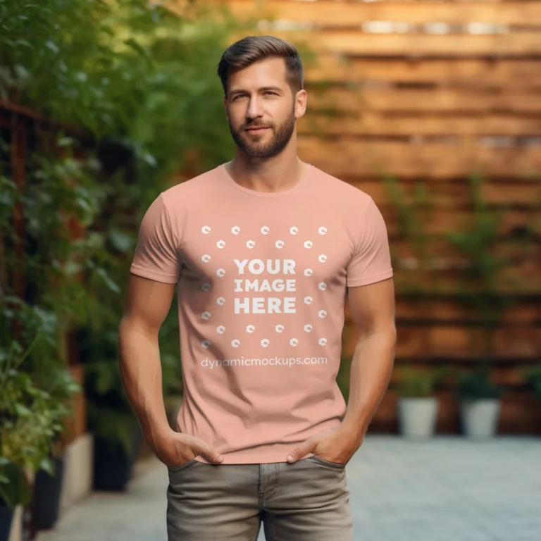 Man Wearing Peach T-shirt Mockup Front View Template