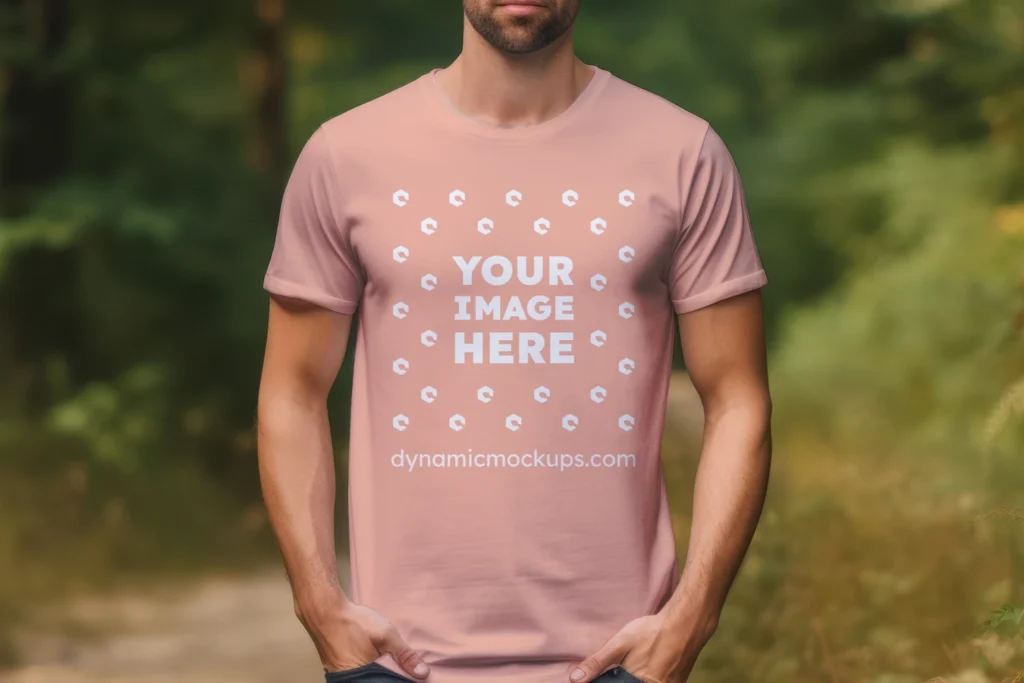 Man Wearing Peach T-shirt Mockup Front View Template