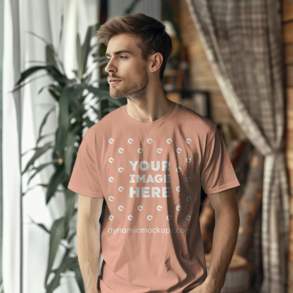 Man Wearing Peach T-shirt Mockup Front View Template