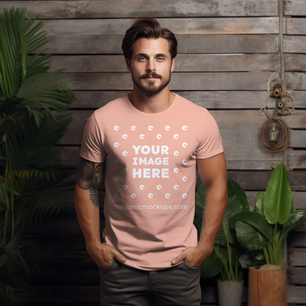 Man Wearing Peach T-shirt Mockup Front View Template