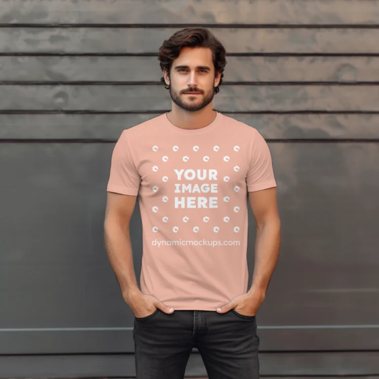 Man Wearing Peach T-shirt Mockup Front View Template