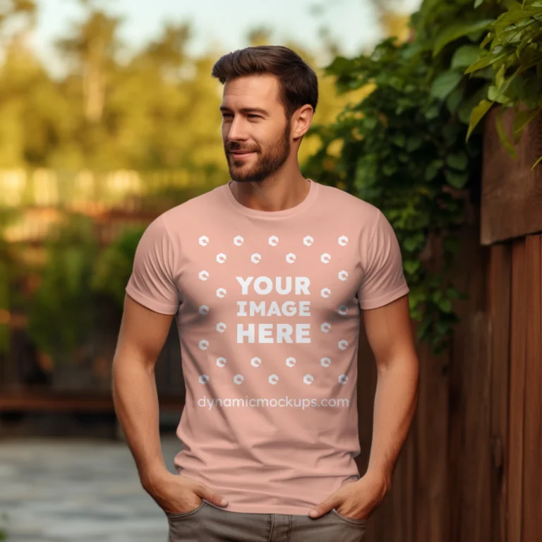 Man Wearing Peach T-shirt Mockup Front View Template