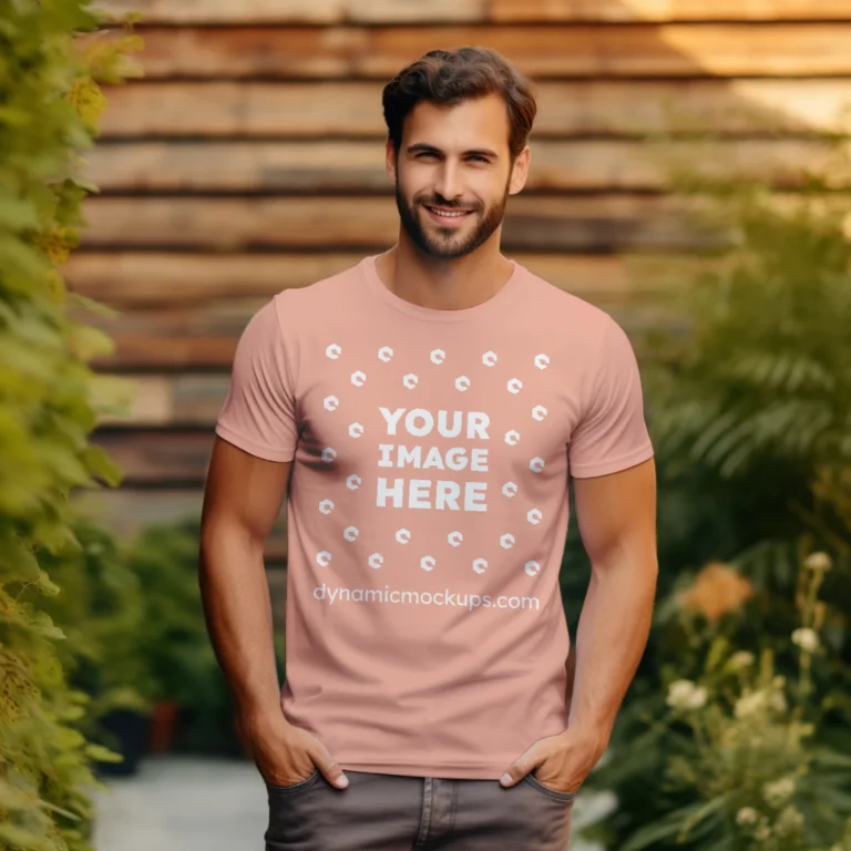 Man Wearing Peach T-shirt Mockup Front View Template