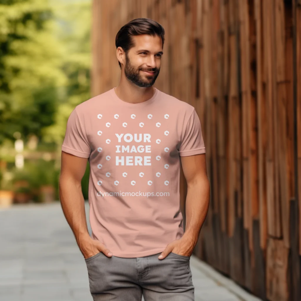 Man Wearing Peach T-shirt Mockup Front View Template