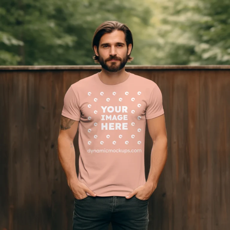 Man Wearing Peach T-shirt Mockup Front View Template