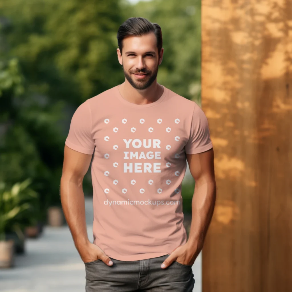 Man Wearing Peach T-shirt Mockup Front View Template