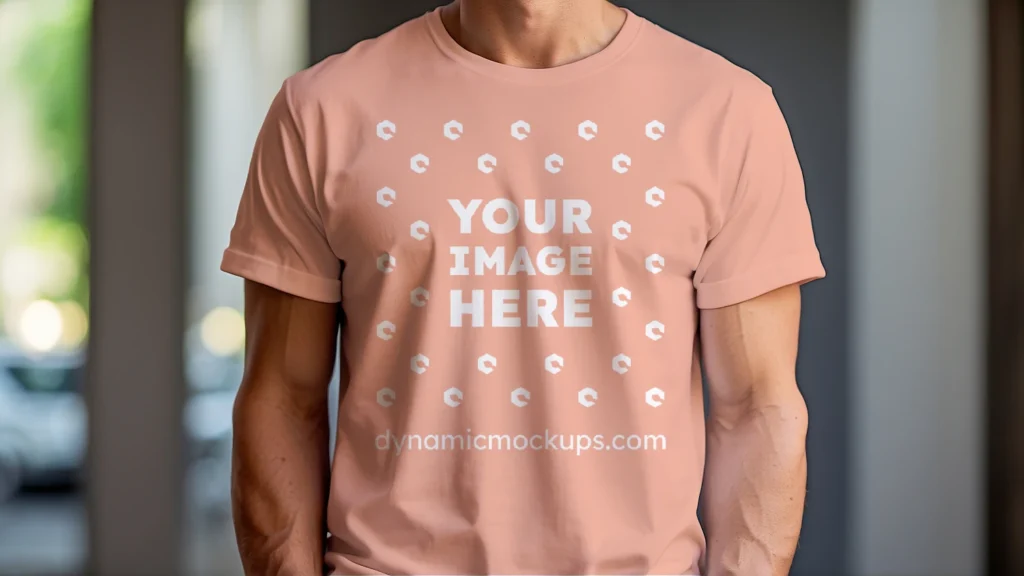 Man Wearing Peach T-shirt Mockup Front View Template