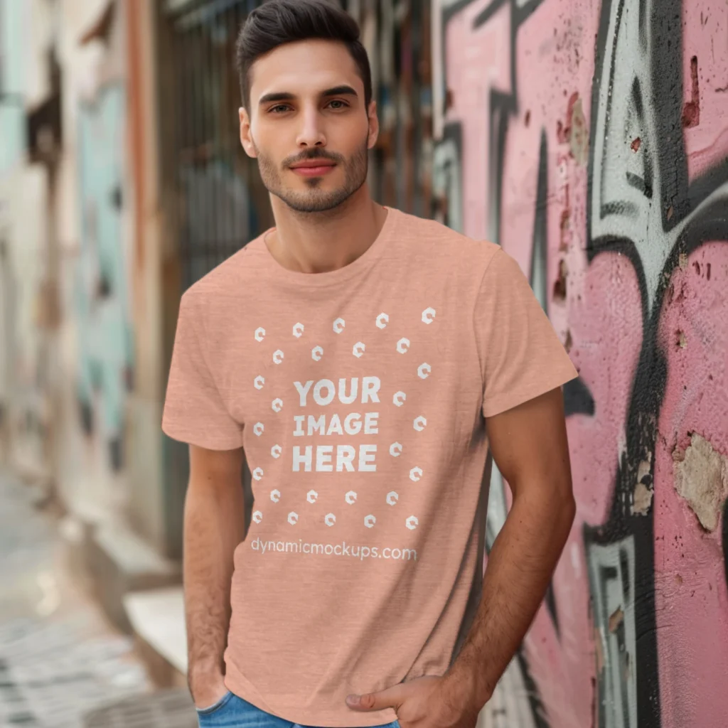 Man Wearing Peach T-shirt Mockup Front View Template