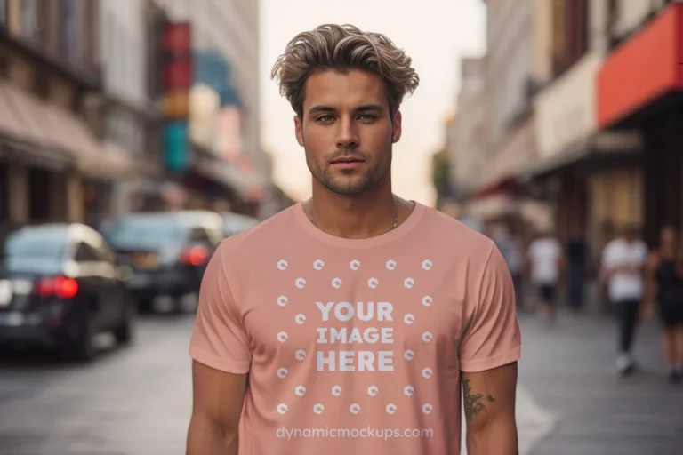 Man Wearing Peach T-shirt Mockup Front View Template