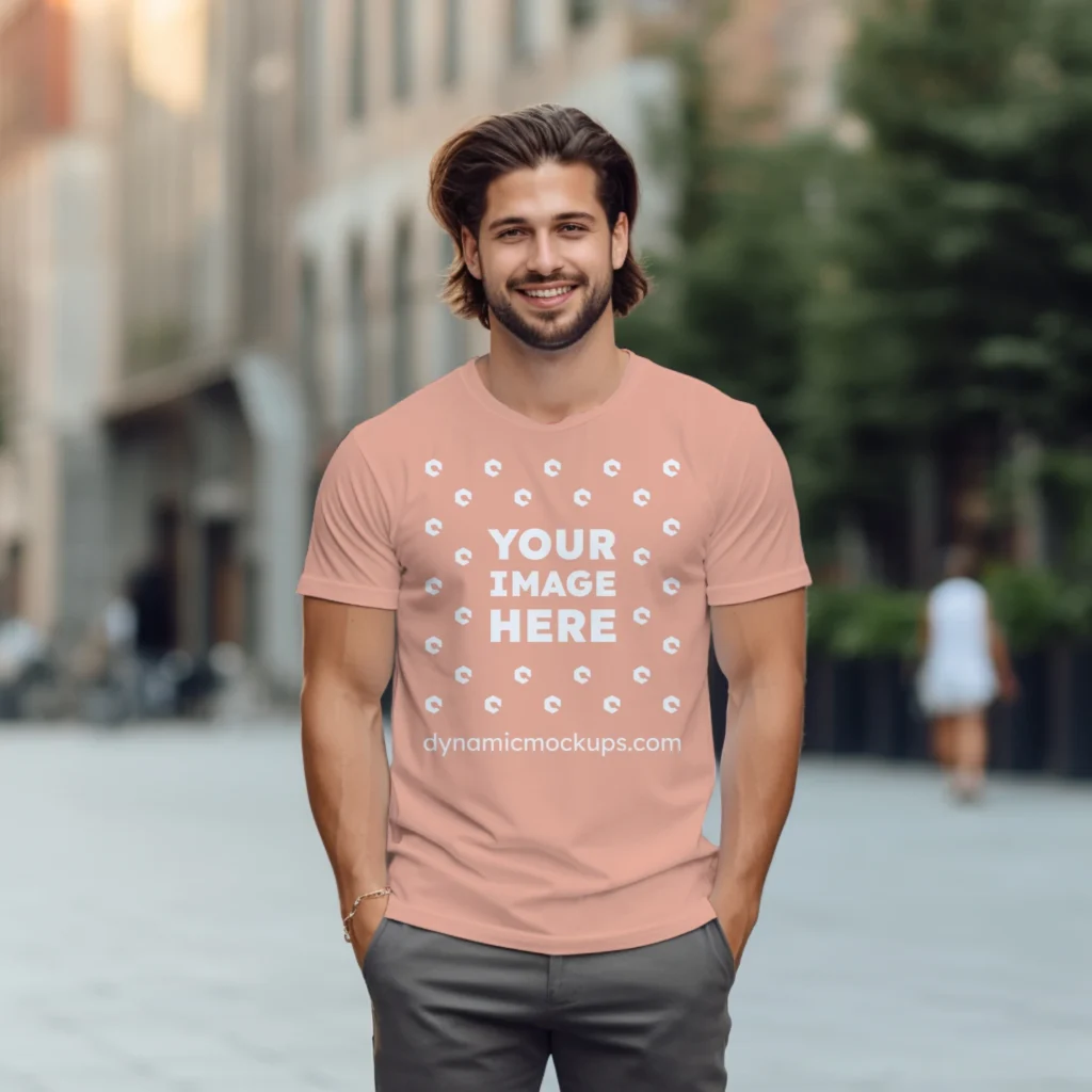 Man Wearing Peach T-shirt Mockup Front View Template