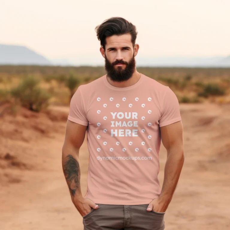 Man Wearing Peach T-shirt Mockup Front View Template