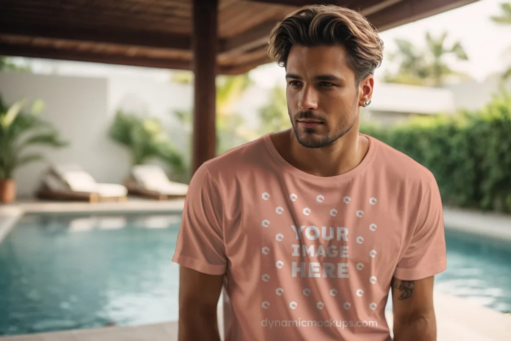 Man Wearing Peach T-shirt Mockup Front View Template