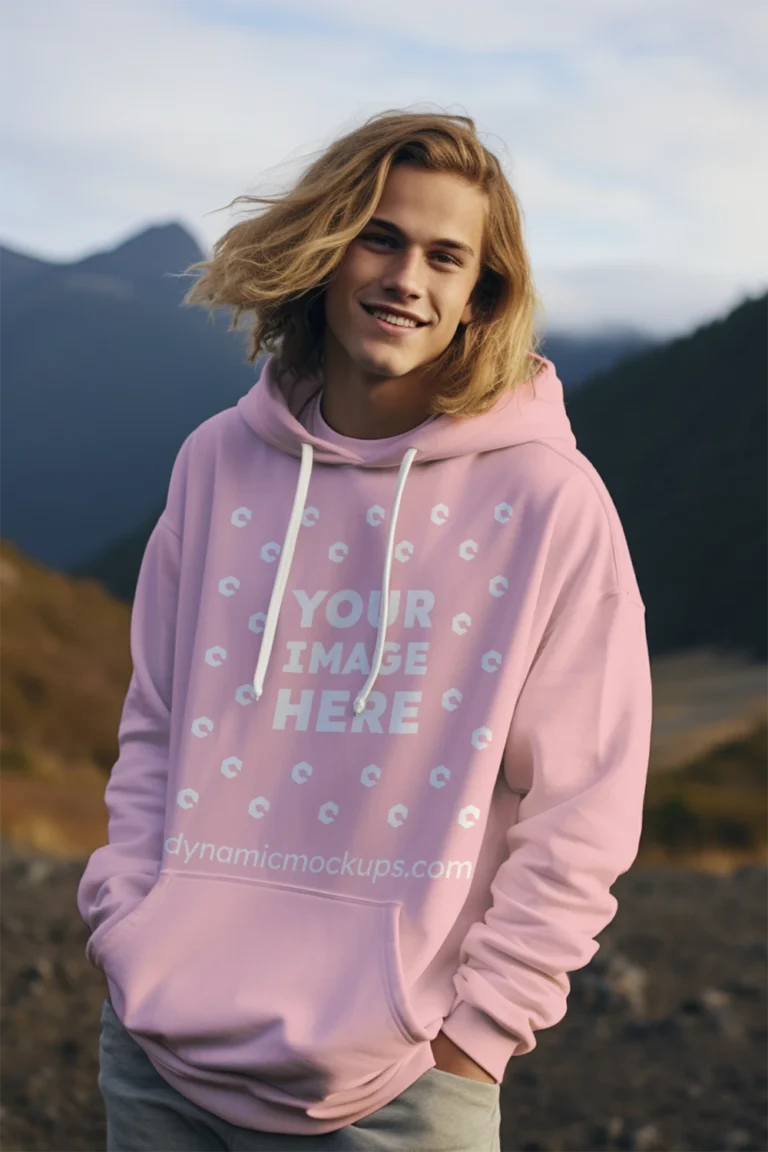 Man Wearing Pink Hoodie Mockup Front View Template